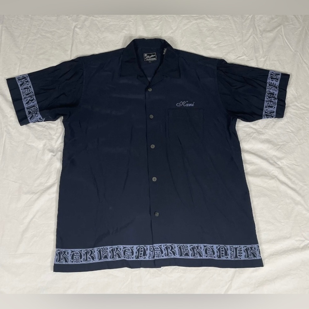 Kani Jeans Mens Black Polyester Short Sleeve Button Up Shirt Size L